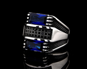 Saphir Ring, Silber Saphir Ring, blauer Saphir Ring, Lab erstellt Saphir, Sterling Silber Ring, Silber Männer Ring, blauer Stein Silber Ring