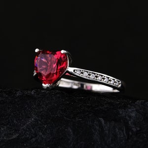 14K White Gold Heart Ring: Red Ruby Signet, Dainty Love Ring