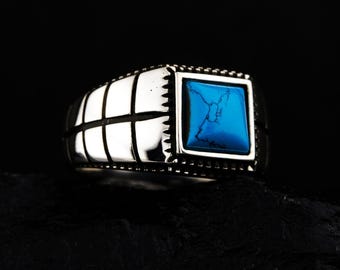 Anillo de sello de plata turquesa con diseño de cuadrícula negra