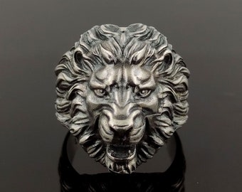 Anillo de cabeza de león en plata de ley oxidada - Joyería africana para hombre