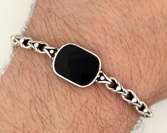 Bracelet pour homme en argent sterling, pierre d'onyx, bracelet noir pour homme, bracelet pour homme en argent, accessoires pour homme, bijoux en argent noir pour homme,