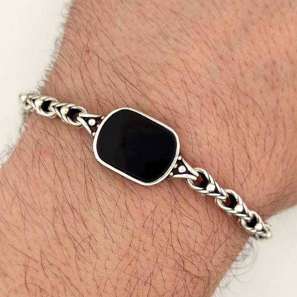 Bracelet pour homme en argent sterling, pierre d'onyx, bracelet noir pour homme, bracelet pour homme en argent, accessoires pour homme, bijoux en argent noir pour homme,