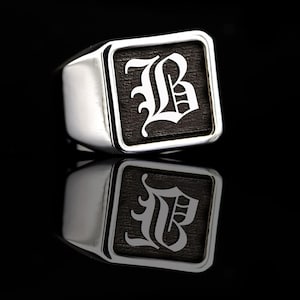 Anillo de sello cuadrado, anillo con inicial para hombre, anillo con inicial para mujer, anillo con sello con monograma, anillo inglés antiguo, anillo de regalo personalizado, anillo de plata personalizado