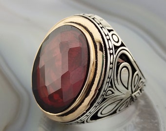 925 Sterling Silver Men&#39;s Ring with Red Ruby Stone (15x20mm)