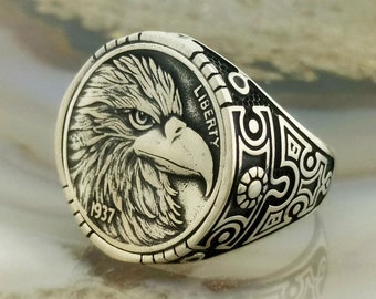 Anillo de águila en plata de ley: Moneda de la Libertad de 1937, estilo vintage