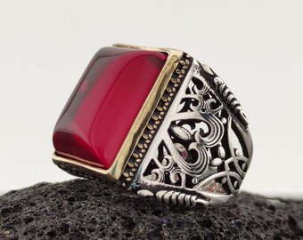 Sterling Silver Men&#39;s Ring: Red Zircon Stone, Handcrafted Design