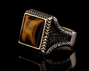 Anillo de ojo de tigre de plata 925K con diseño llamativo.