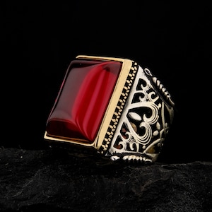 Handgemachter Sterling Silber Herrenring: Rubin Statement Siegelring