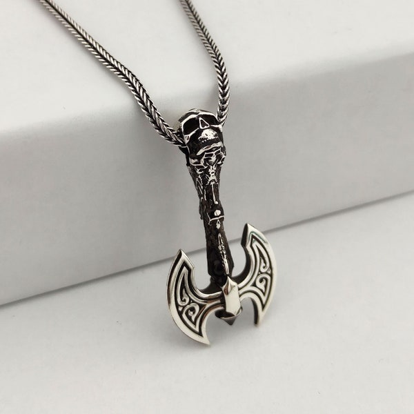 Skull Detailed Double-Sided Axe Necklace, 925 Sterling Silver Battle Axe Necklace,Sterling Silver Skull Necklace,Viking Axe Pendant Necklace