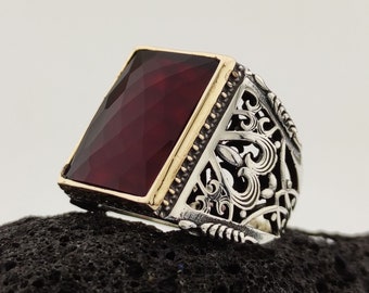 Sterling Silver Men&#39;s Ring: Handcrafted Ruby Gemstone, Ornate Design
