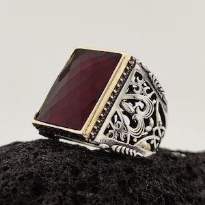 Sterling Silver Men's Ring: Handcrafted Ruby Gemstone, Ornate Design