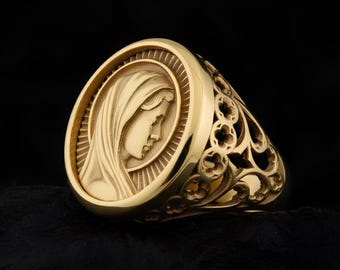 Anillo de la Virgen María en oro de 14 quilates con medalla religiosa y sello para hombre y mujer