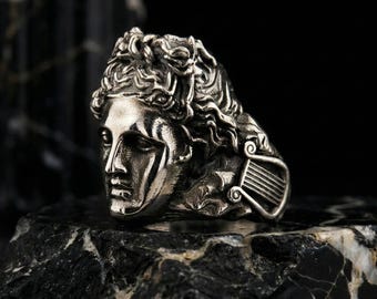 Anillo de Apolo de plata de ley 925K, joyería masculina que representa al dios griego.