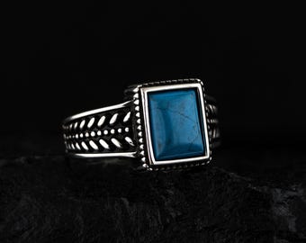 Anillo de sello de plata turquesa con piedra rectangular
