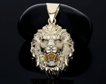 14K Solid Gold Lion Head Necklace, 14K Gold Roaring Wild Lion Head Necklace, African Lion Gold Jewelry, 14K Lion Men's Gift Gold Jewelry