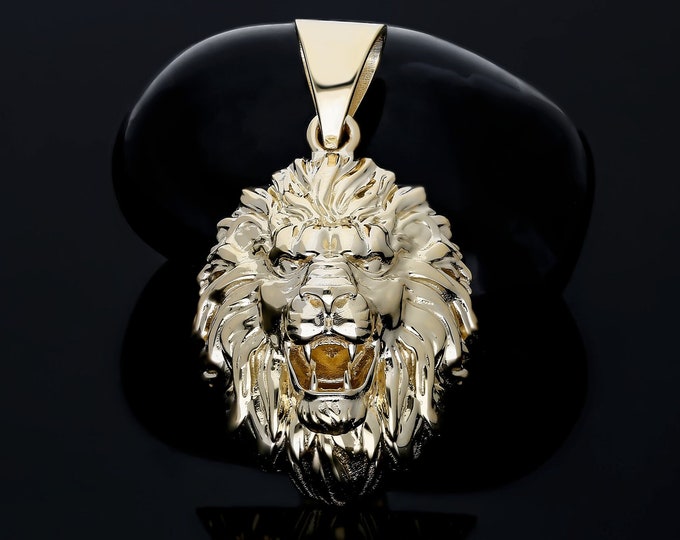 Featured listing image: 14K Solid Gold Lion Head Necklace, 14K Gold Roaring Wild Lion Head Necklace, African Lion Gold Jewelry, 14K Lion Men's Gift Gold Jewelry