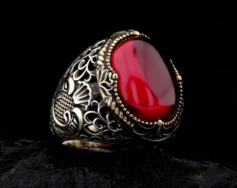 Ruby 925K Sterling Silver Ring, Men's Ottoman Style Jewelry Gift