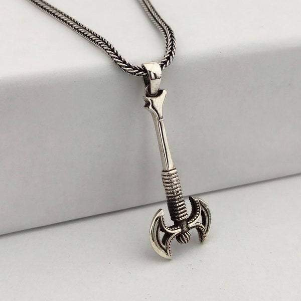 Double-Sided Axe Necklace, 925 Sterling Silver Battle Axe Necklace, Norse Mythology Silver Men Jewelry, Viking Axe Pendant Necklace