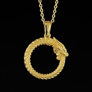 14K Solid Gold Ouroboros Dragon Necklace, Dragon Jewelry, Dragon Pendant, Goth Necklace, Medieval Jewelry,Necklace,Gold Mythological Pendant