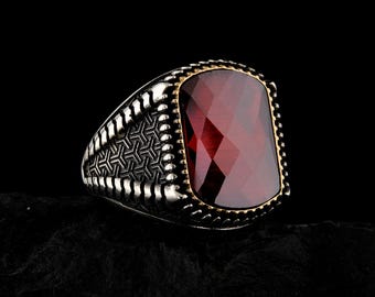 Anillo de plata de ley 925 con granate - Joyería artesanal para hombre