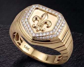 Anillo de sello para hombre de oro macizo de 14 quilates con flor de lis y circonita.