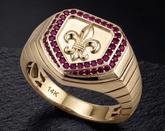 Anillo de sello de oro macizo de 14 quilates con rubí y flor de lis para hombre.