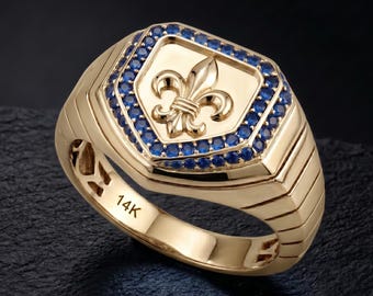 Anillo de sello de oro macizo de 14 quilates con zafiro y flor de lis para hombre.