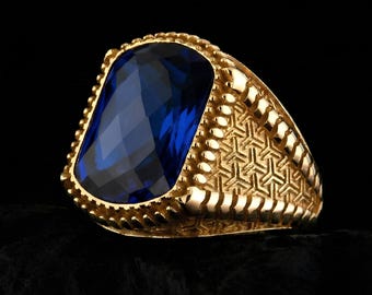 Anillo de zafiro de oro macizo de 14 quilates para hombre.
