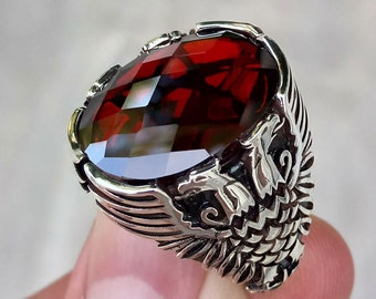 Handmade Sterling Silver Mens Ring: Garnet Stone, Rising Eagle Motif