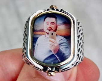 925 sterling silver double-sided personalized photo ring, photo ring, gift photo  ring,Silver Ring