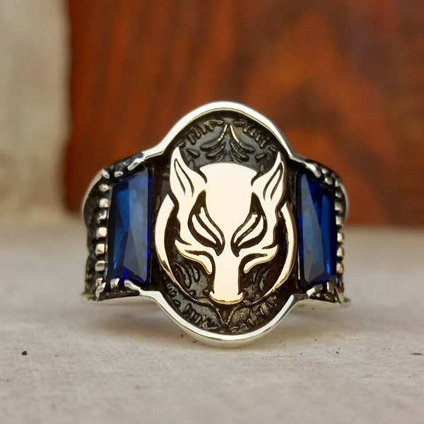 Silver Blue Stone Wolf Men Ring,Silver Wolf Ring,Silver Blue Stone Men Ring,Handmade men ring,Gift silver ring,Blue stone wolf head ring