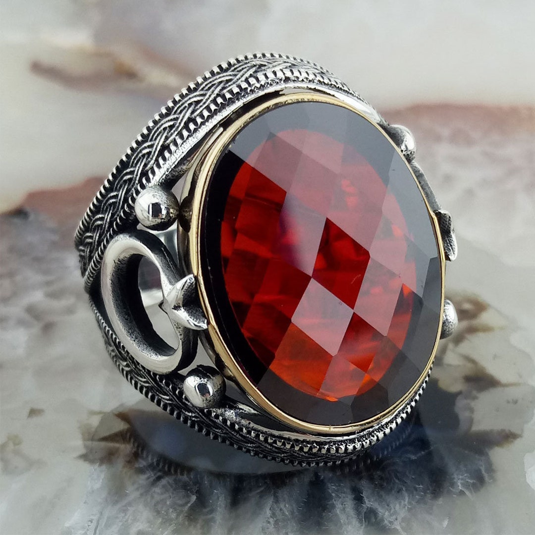 925 Sterling Silver Red Ruby Gemstone Moon Star Men's Ring, Moon Star ...
