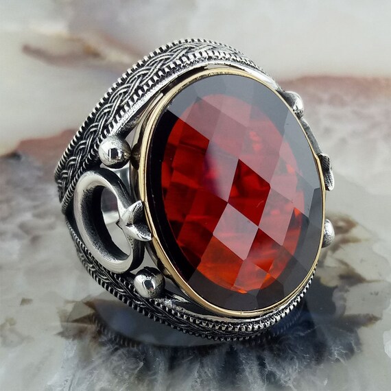 Sterling Silver Men's Ring: Red Ruby Gemstone, Moon Star Design - Etsy