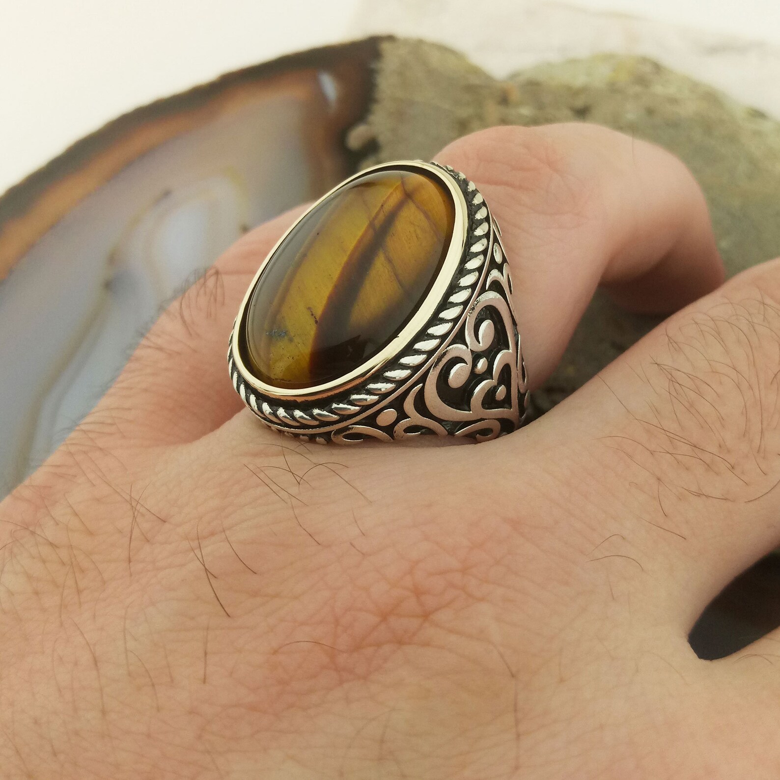 Tiger Eye Ring Tiger Eye Silver Men Ring Brown Gemstone Etsy