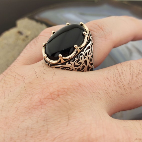 Sterling Silver Black Onyx Ring: Handmade Crown Design - Etsy