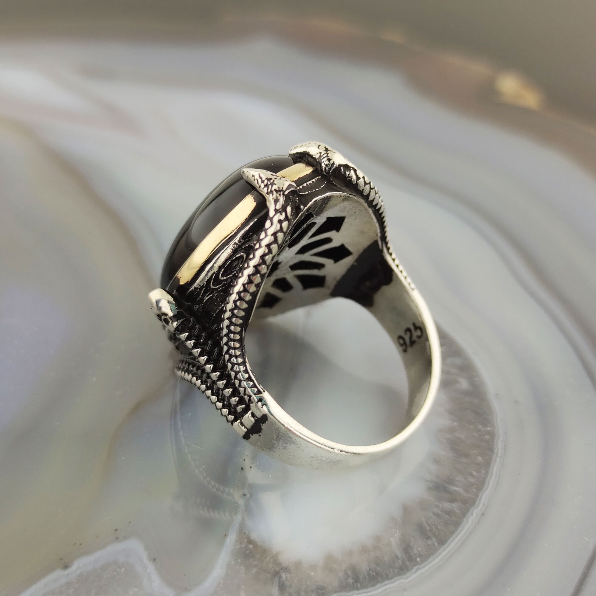 Anello Da Uomo Argento Acciaio Inox 750 Oro Bianco Placcato Onice Pietra Nero - Foto 7