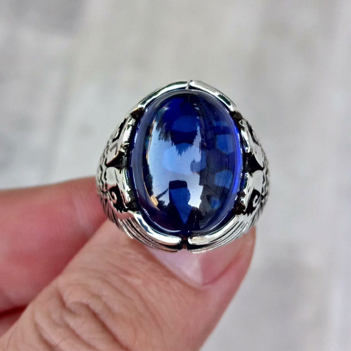 925 Sterling Silver Double Headed Eagle Engraved Blue Zircon 925 Sterling Silver Double Headed Eagle Engraved Blue Zircon