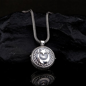 Sterling Silver Crescent Star Necklace: Islamic Men&#39;s Pendant, 55cm Chain