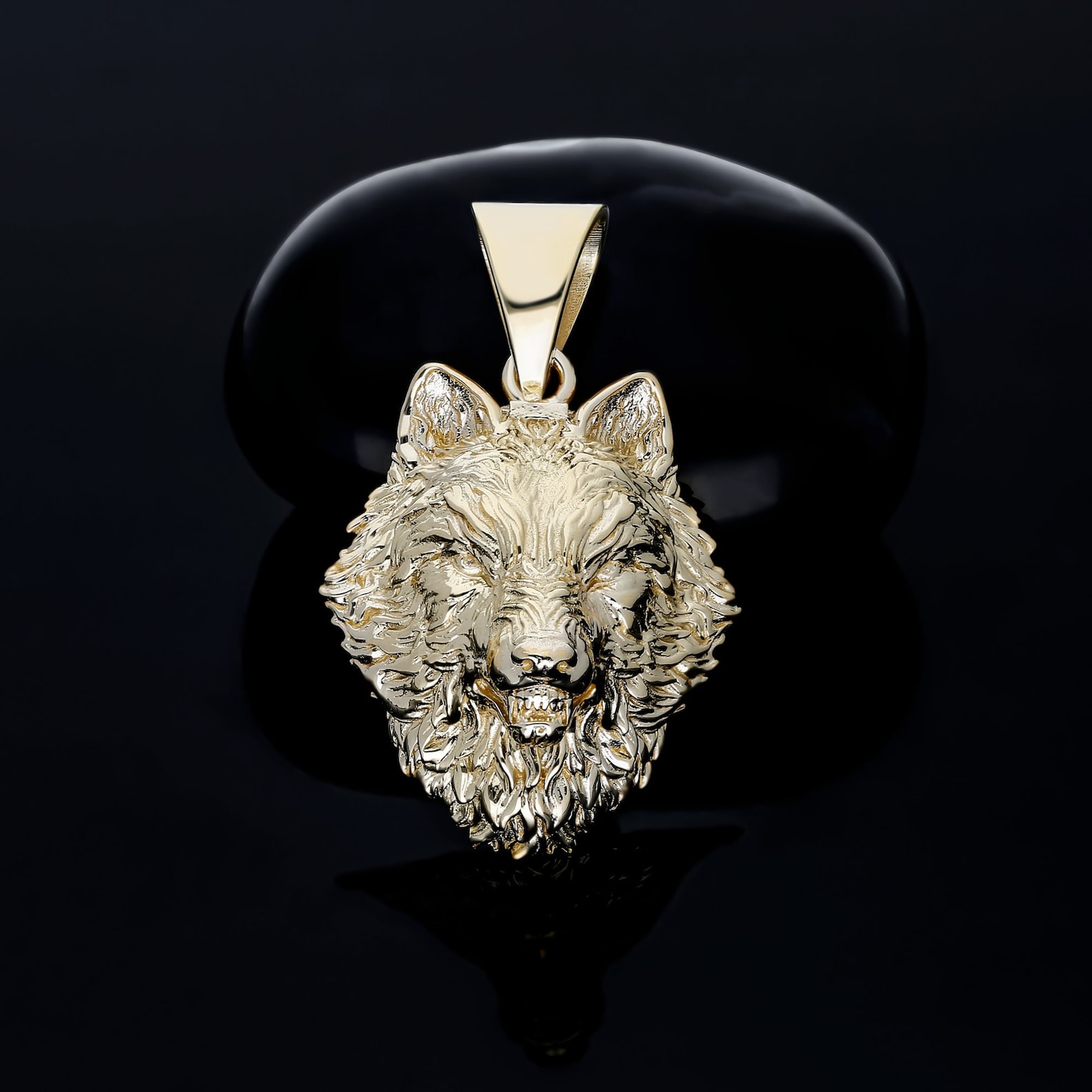 14k Solid Gold Angry Wolf Pendant Necklacegold Wolf Head Etsy