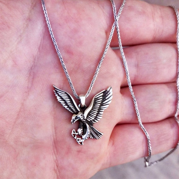 Oxidized Sterling Silver Eagle Pendant Necklace - Mens Winged
