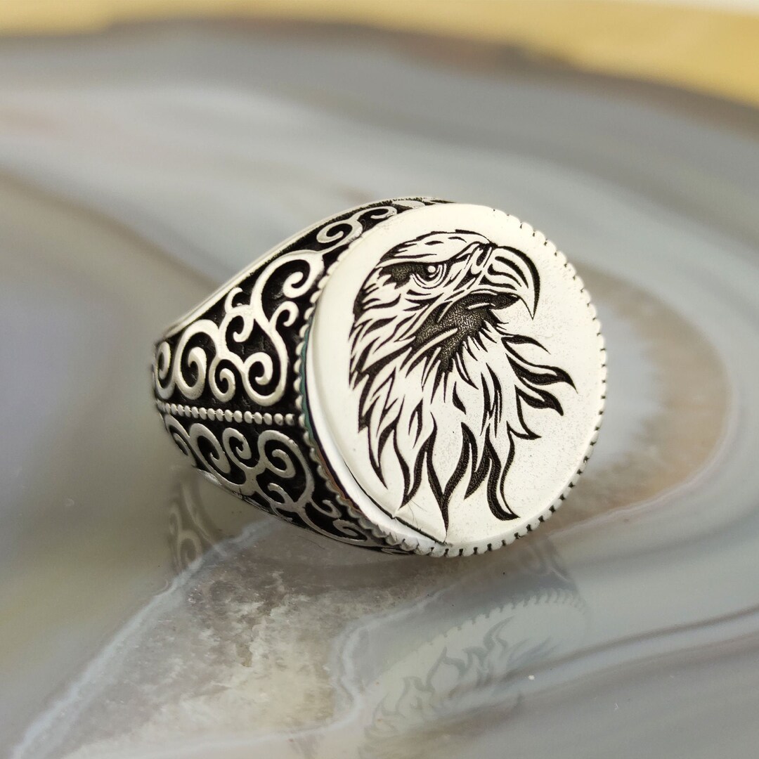 Eagle Head 925 Sterling Silver Men's Ring: Engraved Animal Pattern