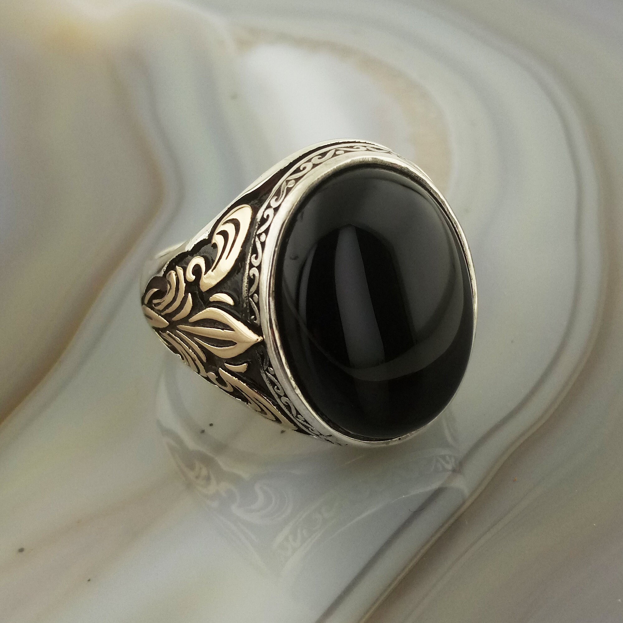 Black Onyx Signet Ring: Sterling Silver Mens Ring (15x20 Mm