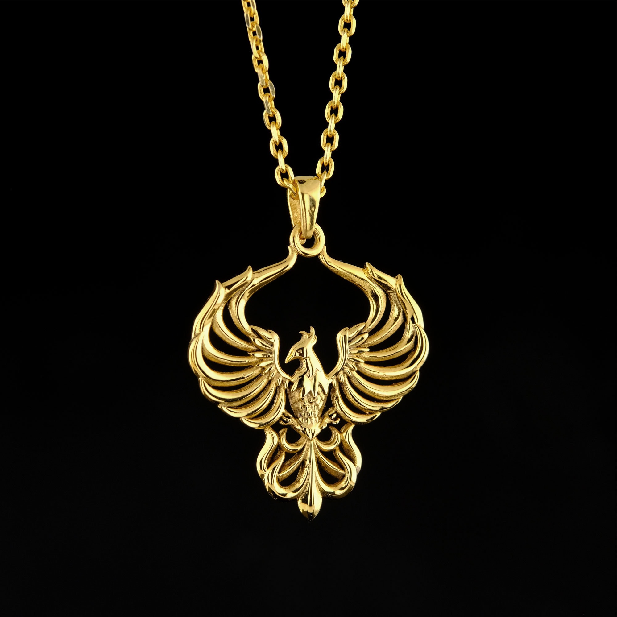 14K Solid Gold Phoenix Necklace, Fire Bird Pendant, 14K Solid Gold
