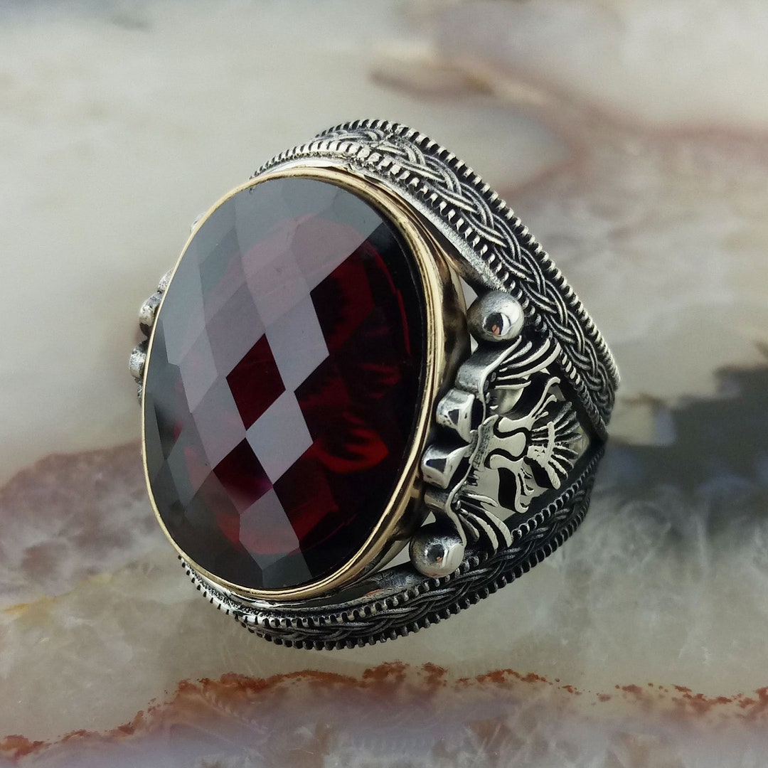 925 Sterling Silver Red Zircon Stone Double Headed Eagle Men Ring,men ...