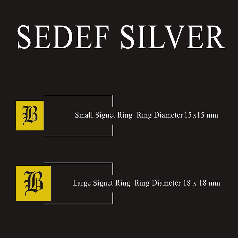 May include: Two silver signet rings with a yellow background and the letter "B" in a black font. The smaller ring has a diameter of 1.5 inches and the larger ring has a diameter of 1.8 inches.