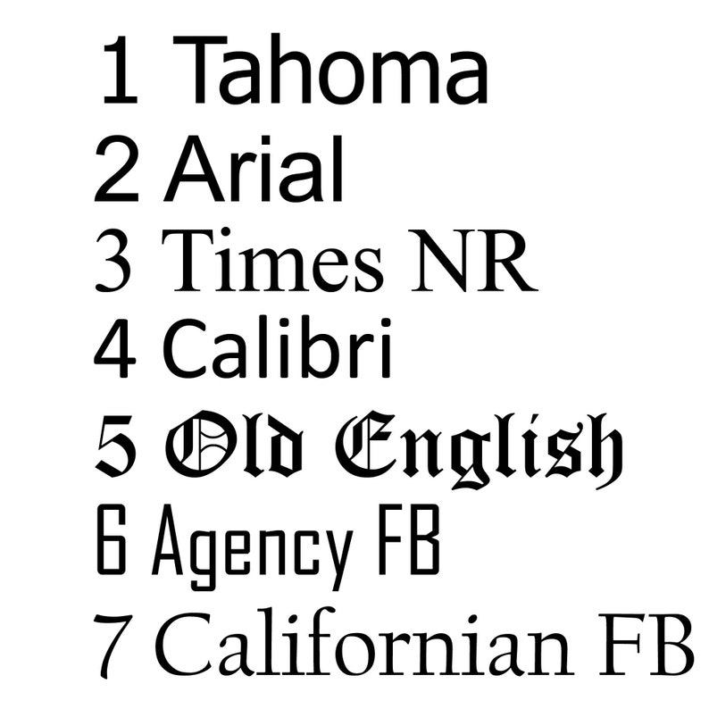 May include: A list of seven different fonts, numbered 1 through 7. The fonts are Tahoma, Arial, Times NR, Calibri, Old English, Agency FB, and Californian FB.