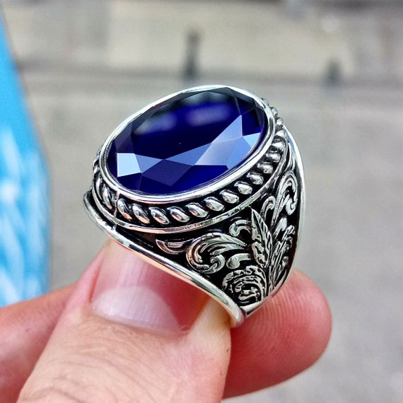 Eagle Turkish jewelry 925 Sterling Silver blue sapphire stone Men ring ALL SİZE 
