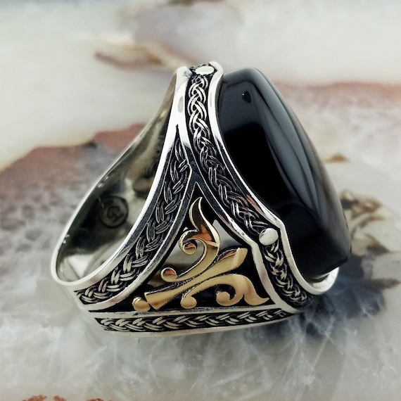 Sterling Silver Black Onyx Men's Ring: Bronze Lotus Design - Etsy