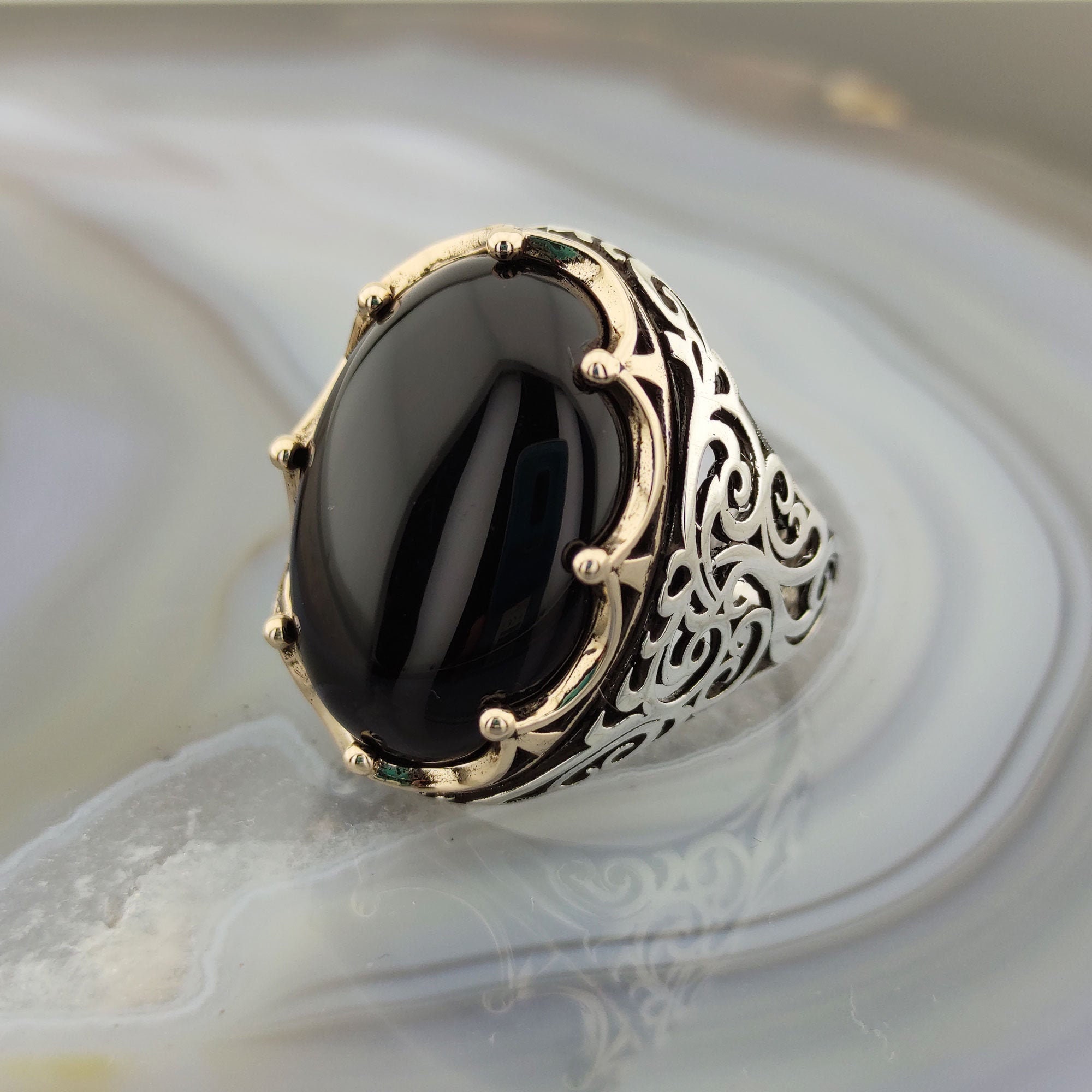 Sterling Silver Black Onyx Ring: Handmade Crown Design - Etsy