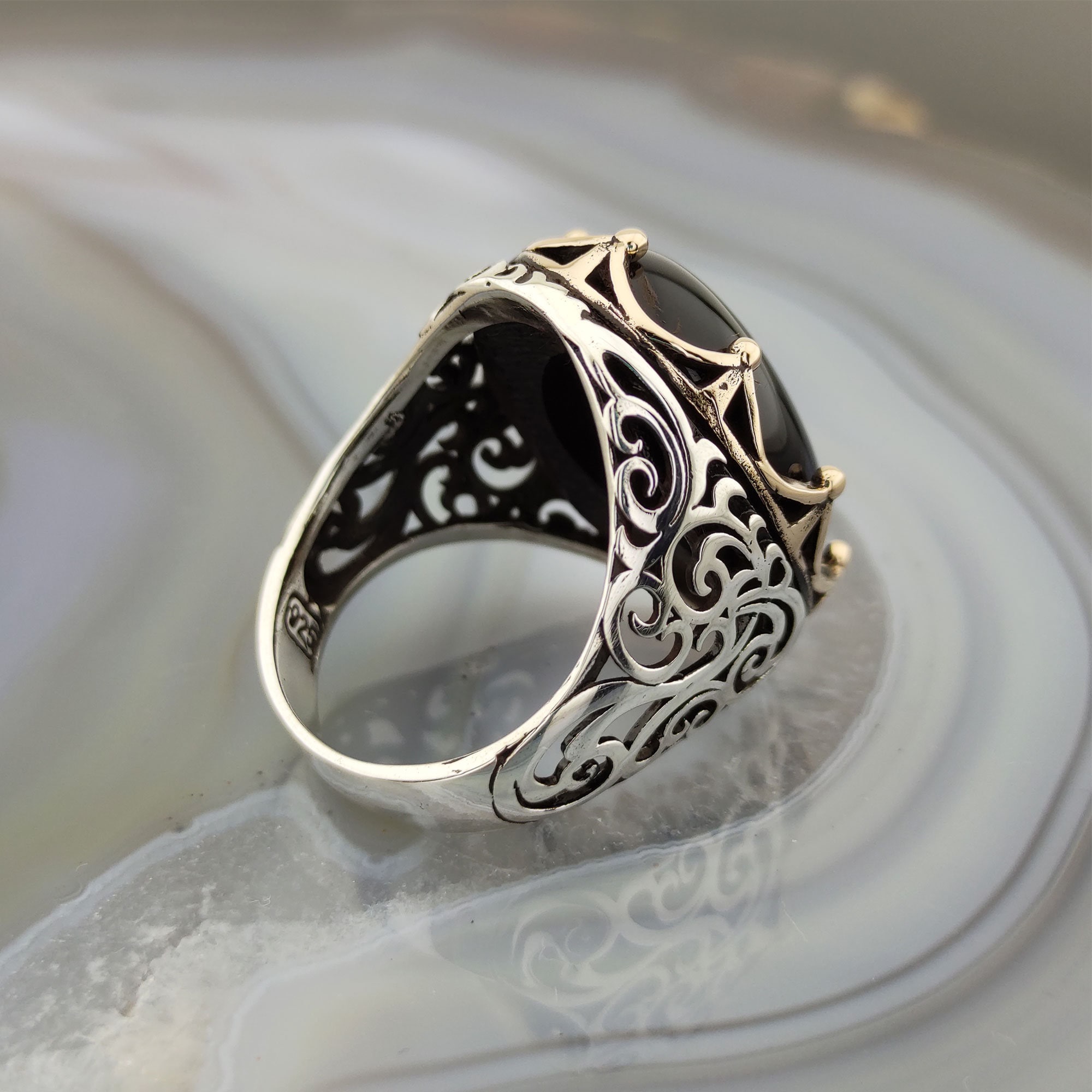 Sterling Silver Black Onyx Ring: Handmade Crown Design - Etsy